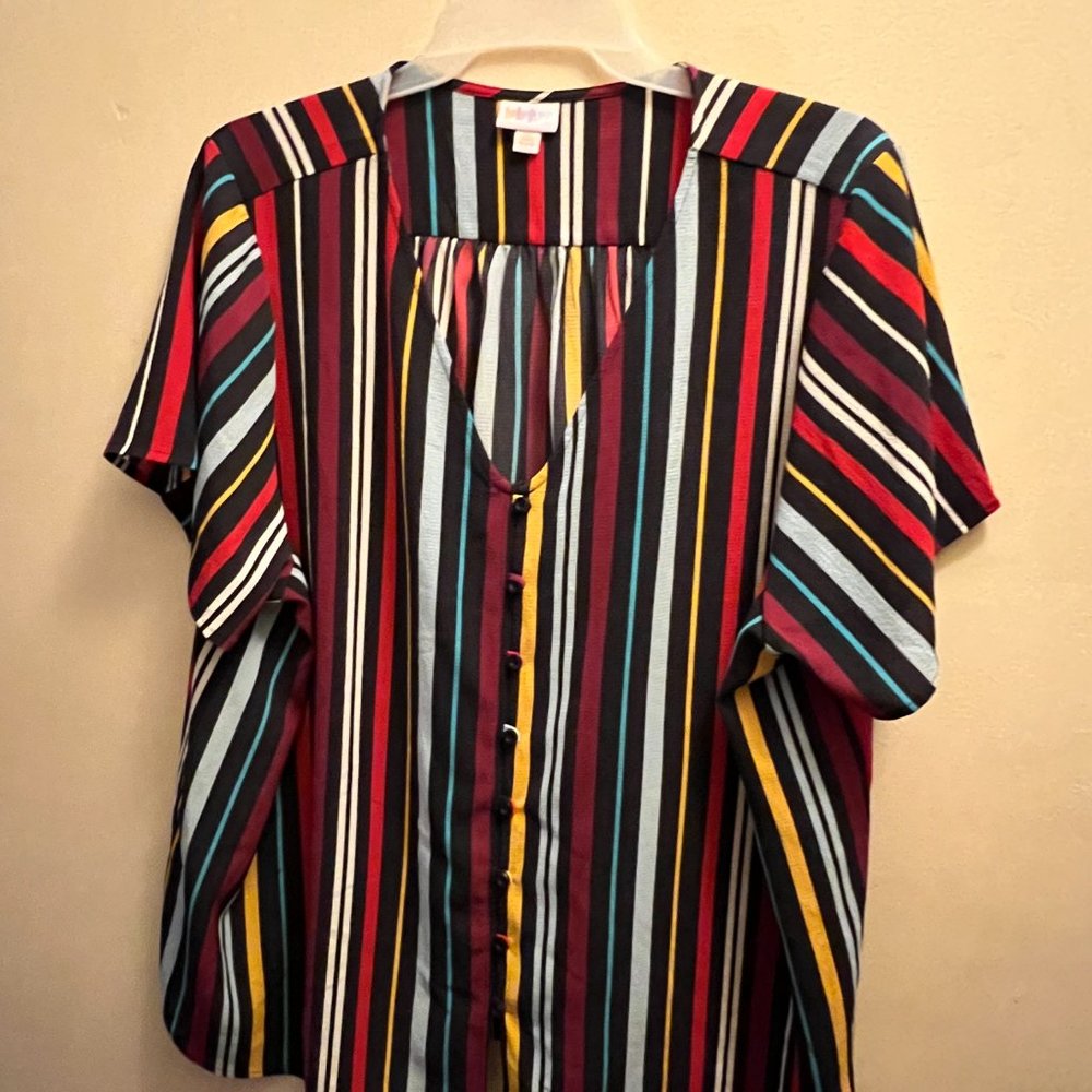 Lularoe Multicolor Stripe Blouse Womens 3XL Short Sleeve Button V-neck Baja